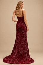 Rutipo Burgundy Fitted Cowl Neck Corset Velvet Sequins Prom Dress with Slit and Lace-Up Back
