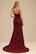 Rutipo Burgundy Fitted Cowl Neck Corset Velvet Sequins Prom Dress with Slit and Lace-Up Back