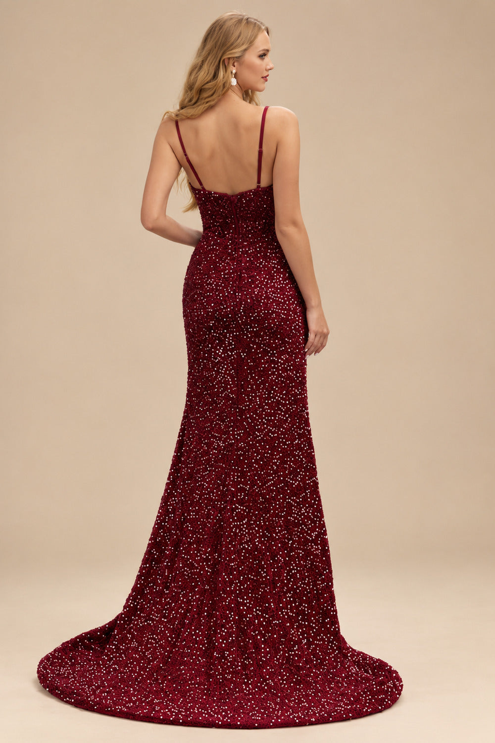 Rutipo Burgundy Fitted Cowl Neck Corset Velvet Sequins Prom Dress with Slit and Lace-Up Back