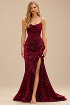 Rutipo Burgundy Fitted Cowl Neck Corset Velvet Sequins Prom Dress with Slit and Lace-Up Back