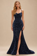 Rutipo Dark Navy Fitted Cowl Neck Corset Velvet Sequins Prom Dress with Slit and Lace-Up Back