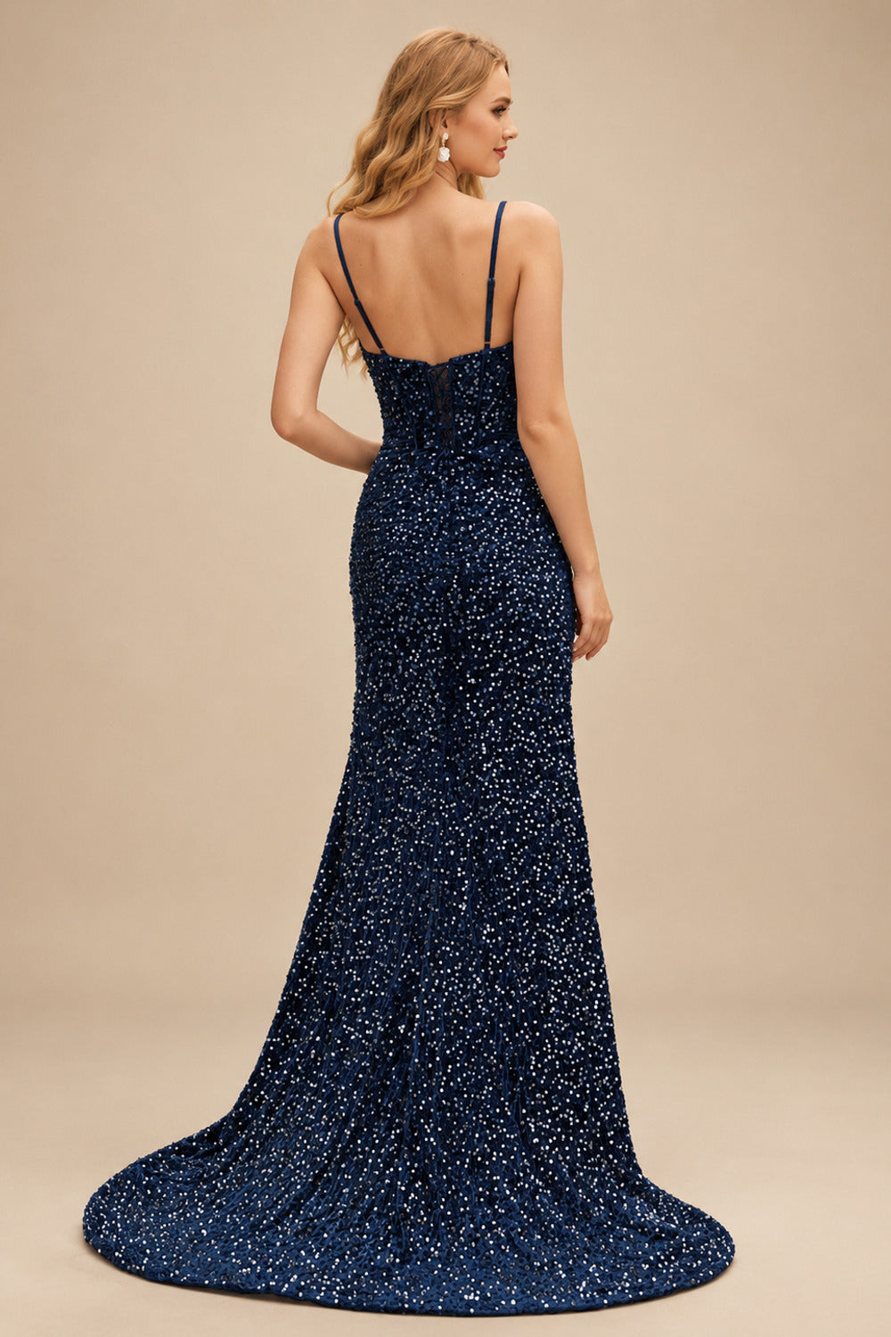 Rutipo Dark Navy Fitted Cowl Neck Corset Velvet Sequins Prom Dress with Slit and Lace-Up Back