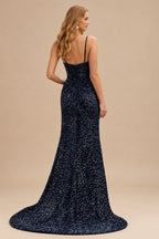 Rutipo Dark Navy Fitted Cowl Neck Corset Velvet Sequins Prom Dress with Slit and Lace-Up Back