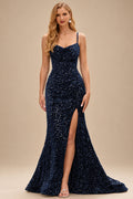 Rutipo Dark Navy Fitted Cowl Neck Corset Velvet Sequins Prom Dress with Slit and Lace-Up Back