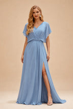 Rutipo Dusty Blue Fitted Cowl Neck Corset Velvet Sequins Prom Dress with Slit and Lace-Up Back