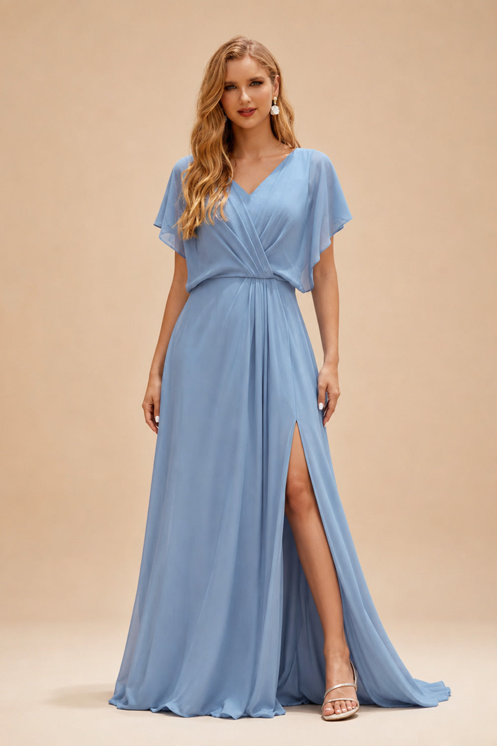Rutipo Dusty Blue Fitted Cowl Neck Corset Velvet Sequins Prom Dress with Slit and Lace-Up Back