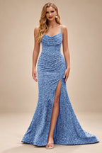 Rutipo Dusty Blue Fitted Cowl Neck Corset Velvet Sequins Prom Dress with Slit and Lace-Up Back