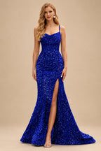 Rutipo Royal Blue Fitted Cowl Neck Corset Velvet Sequins Prom Dress with Slit and Lace-Up Back