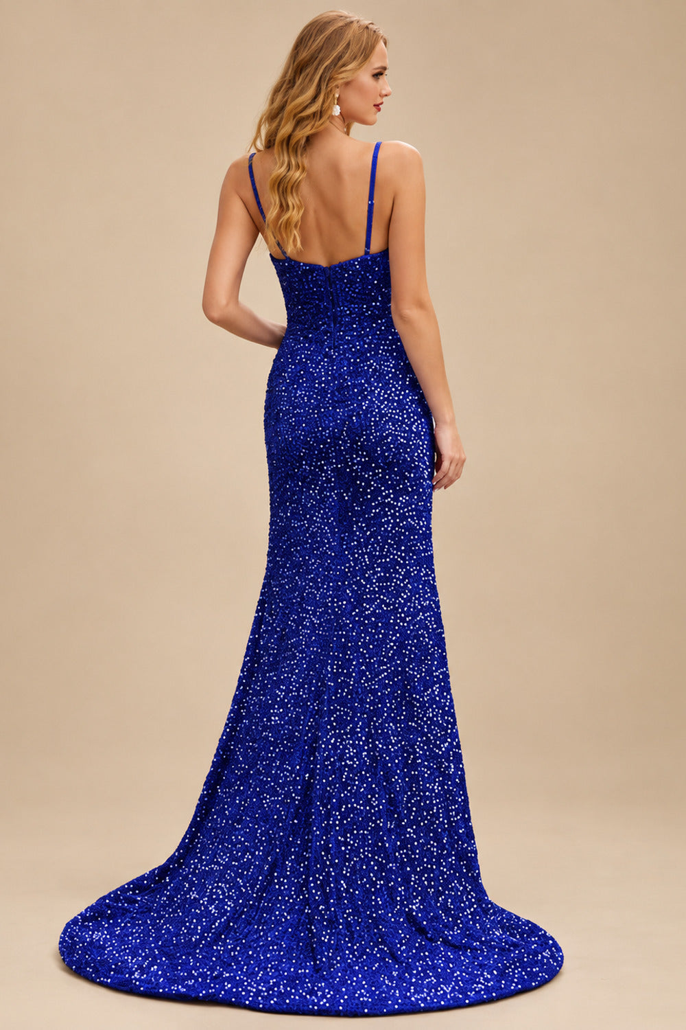 Rutipo Royal Blue Fitted Cowl Neck Corset Velvet Sequins Prom Dress with Slit and Lace-Up Back