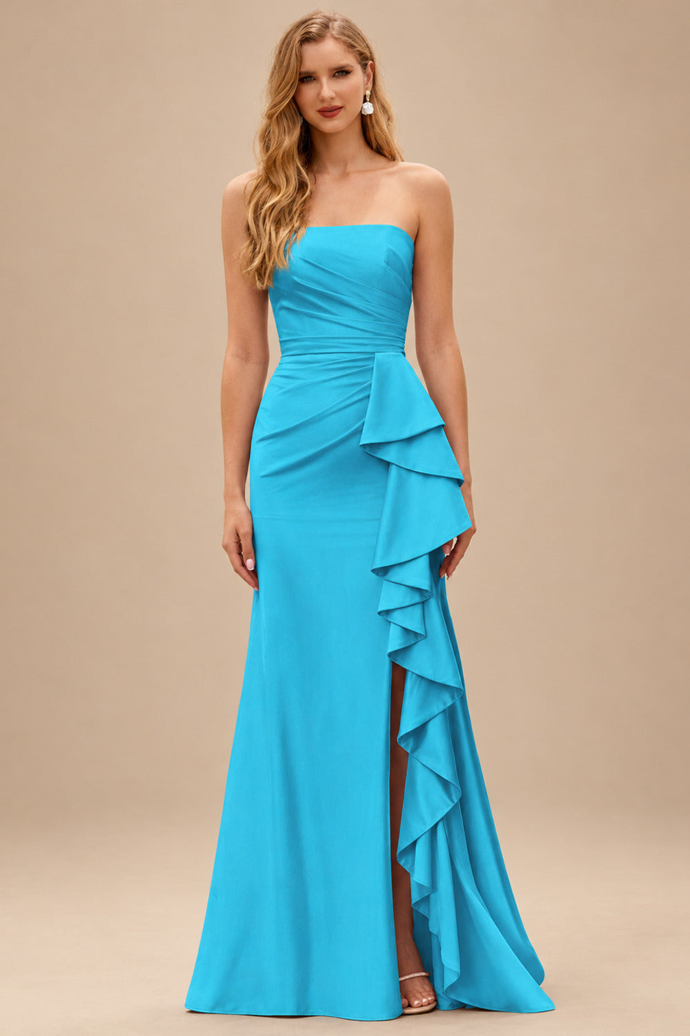 Rutipo Blue Mermaid Strapless Mermaid Evening Prom Dress with Ruffle Slit