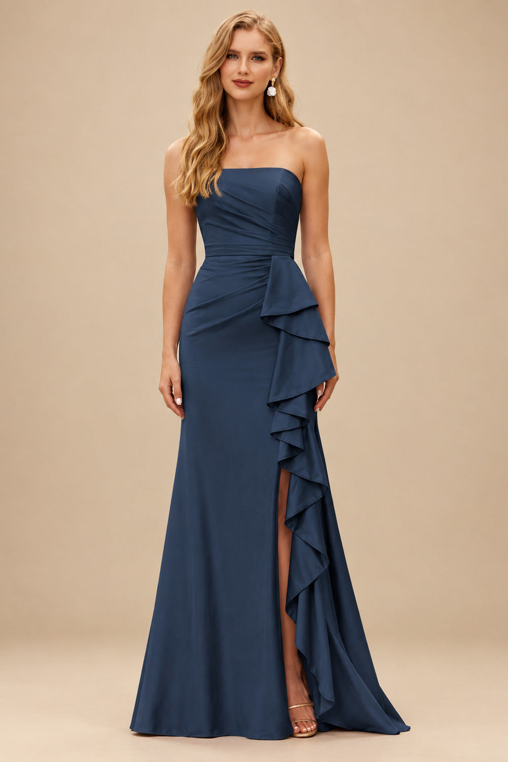 Rutipo Dark Navy Mermaid Strapless Mermaid Evening Prom Dress with Ruffle Slit