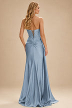 Rutipo Dusty Blue Strapless Cutout Ruched Sweethear Slit Prom Dress with Side Draping