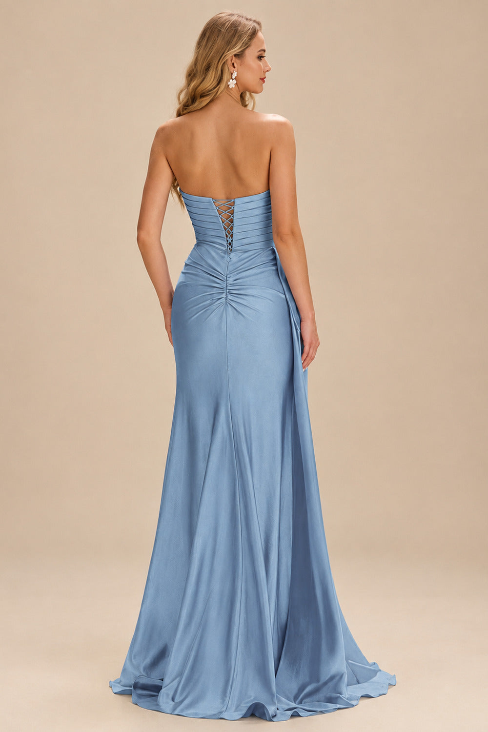Rutipo Dusty Blue Strapless Cutout Ruched Sweethear Slit Prom Dress with Side Draping