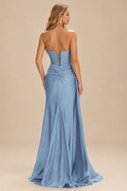 Rutipo Dusty Blue Strapless Cutout Ruched Sweethear Slit Prom Dress with Side Draping