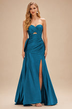 Rutipo Ink Blue Strapless Cutout Ruched Sweethear Slit Prom Dress with Side Draping