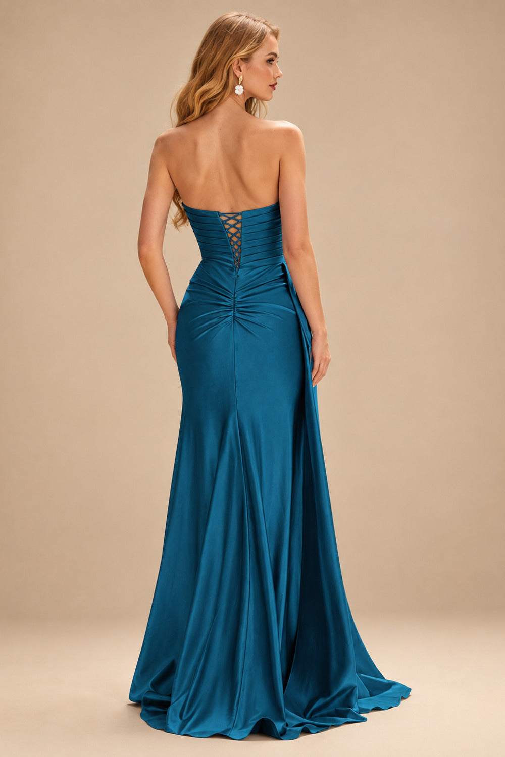 Rutipo Ink Blue Strapless Cutout Ruched Sweethear Slit Prom Dress with Side Draping