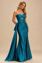 Rutipo Ink Blue Strapless Cutout Ruched Sweethear Slit Prom Dress with Side Draping