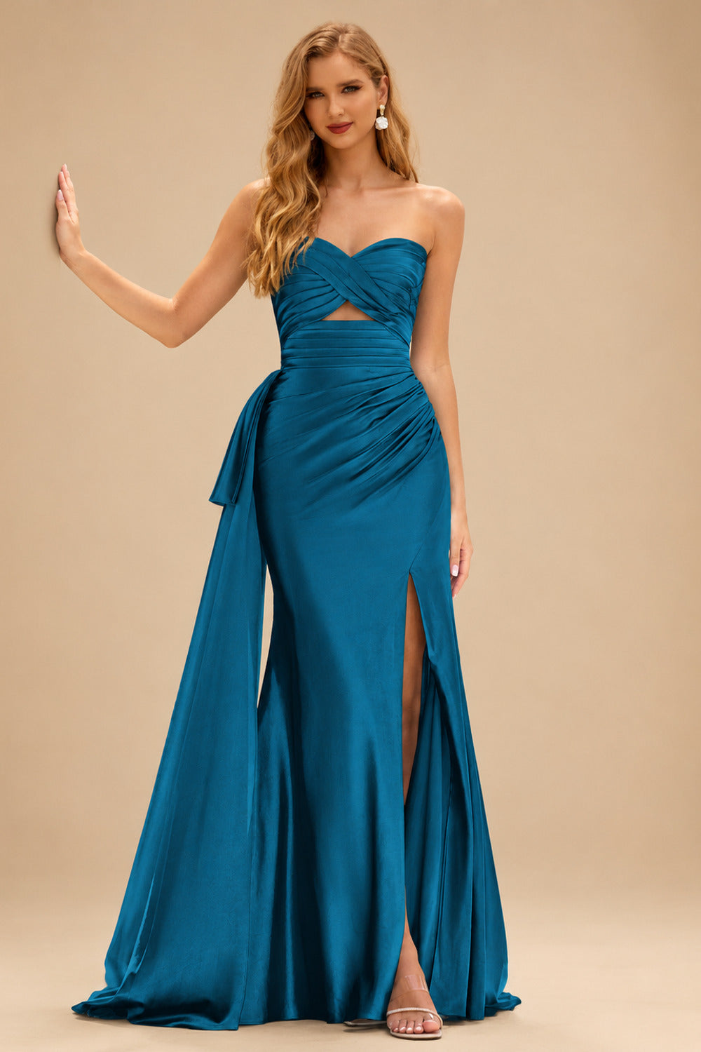 Rutipo Ink Blue Strapless Cutout Ruched Sweethear Slit Prom Dress with Side Draping