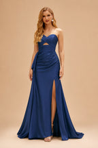 Rutipo Navy Blue Strapless Cutout Ruched Sweethear Slit Prom Dress with Side Draping