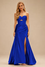 Rutipo Royal Blue Strapless Cutout Ruched Sweethear Slit Prom Dress with Side Draping