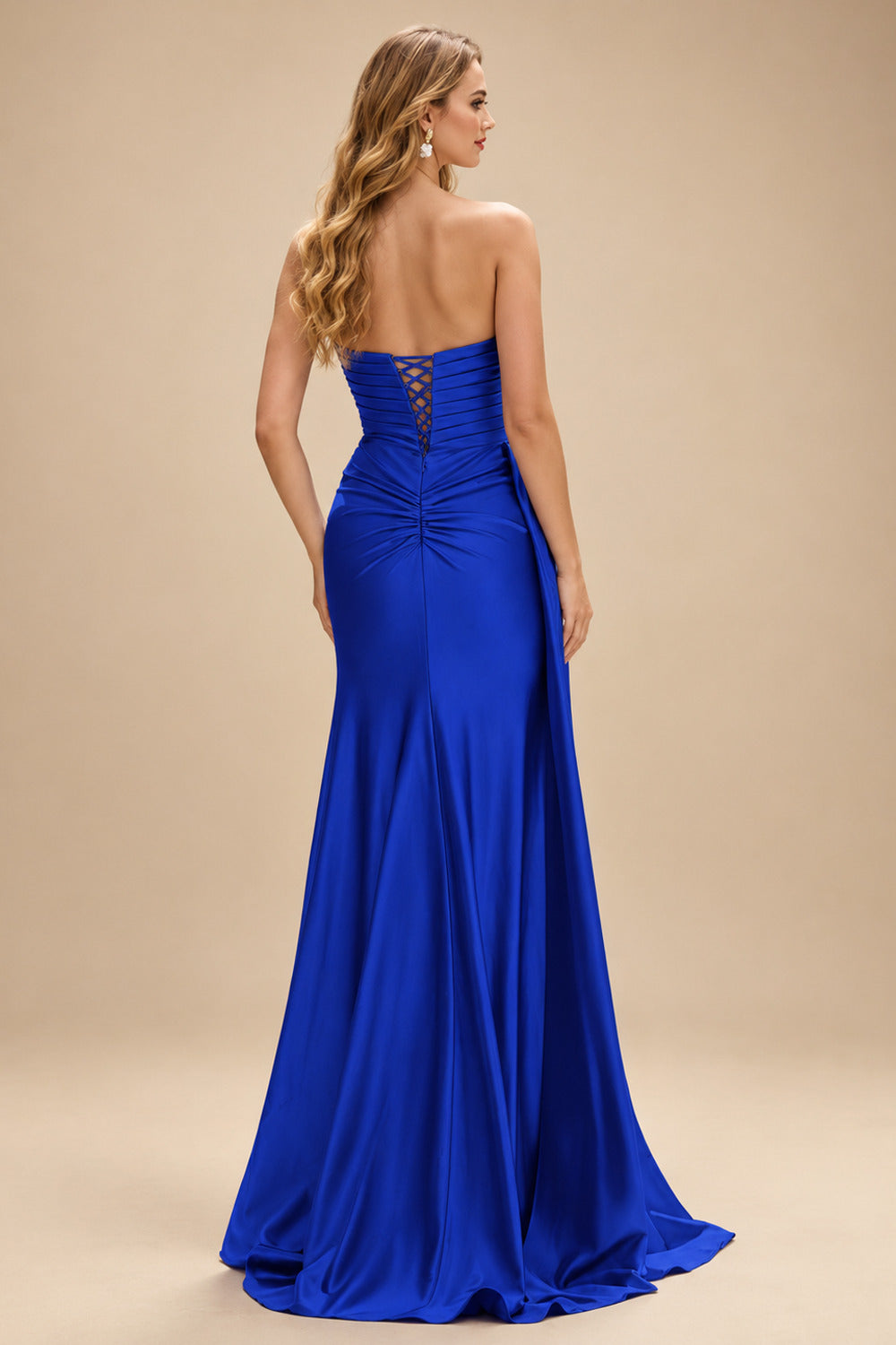 Rutipo Royal Blue Strapless Cutout Ruched Sweethear Slit Prom Dress with Side Draping