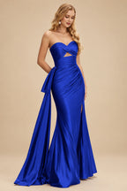 Rutipo Royal Blue Strapless Cutout Ruched Sweethear Slit Prom Dress with Side Draping