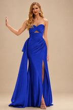 Rutipo Royal Blue Strapless Cutout Ruched Sweethear Slit Prom Dress with Side Draping