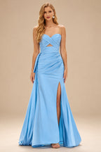 Rutipo Sky Blue Strapless Cutout Ruched Sweethear Slit Prom Dress with Side Draping