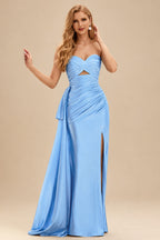 Rutipo Sky Blue Strapless Cutout Ruched Sweethear Slit Prom Dress with Side Draping