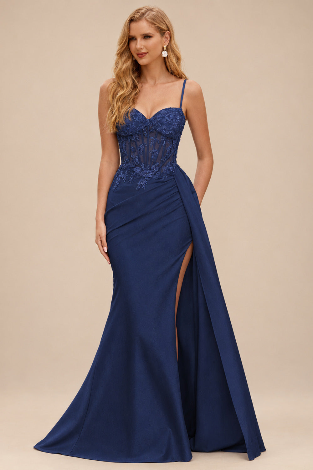 Rutipo Dark Navy Mermaid V Neck Sheer Beaded Corset Slit Prom Dress with Side Draping