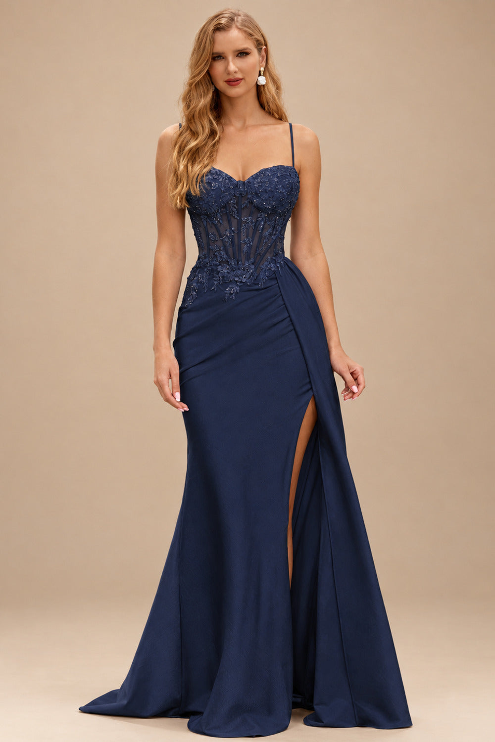 Rutipo Dark Navy Mermaid V Neck Sheer Beaded Corset Slit Prom Dress with Side Draping
