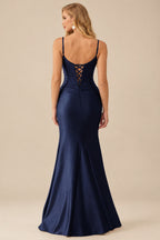 Rutipo Dark Navy Fitted Cut-Out Ruched Corset Slit Prom Dress with Slim Spaghetti Straps
