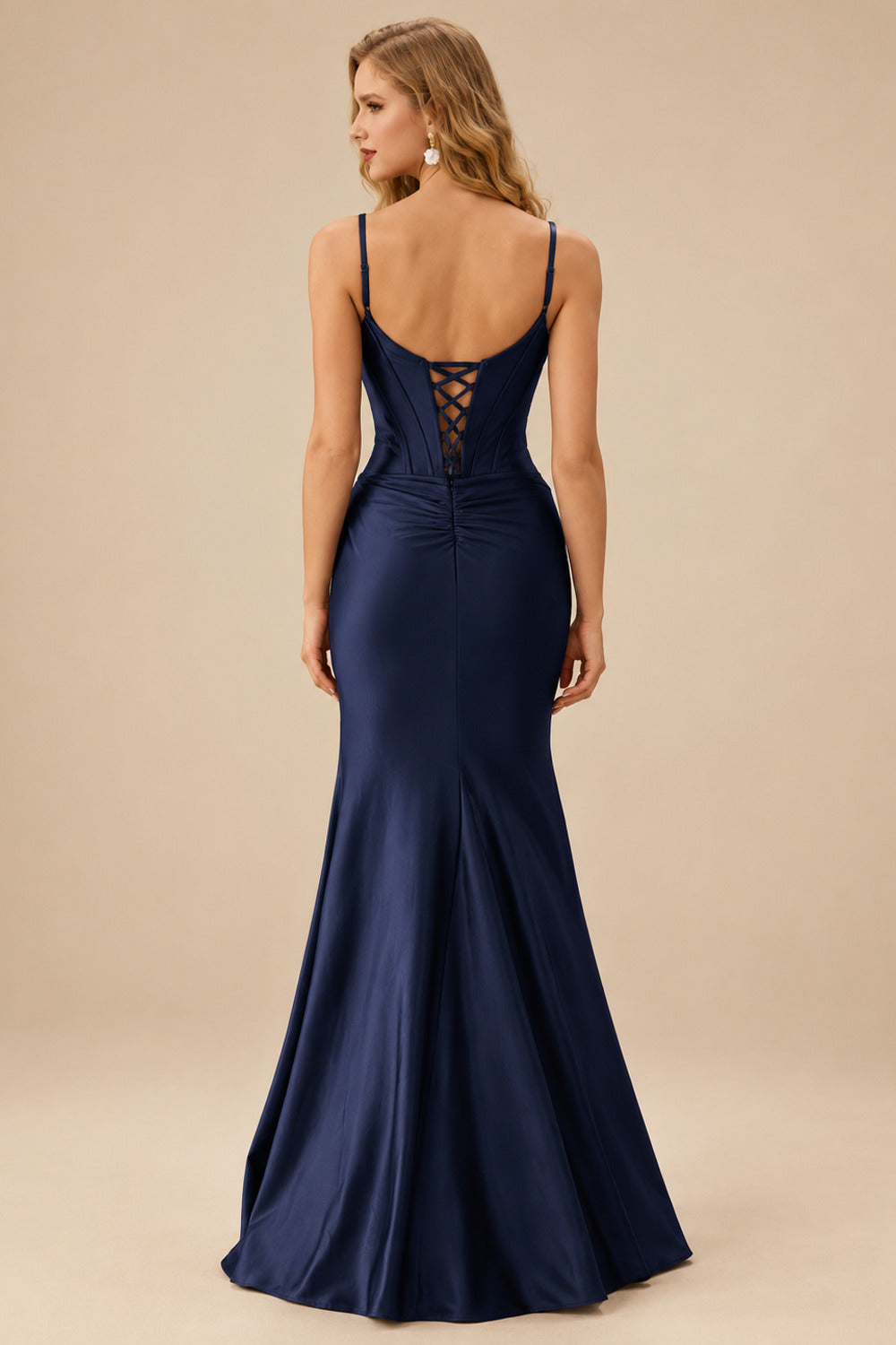 Rutipo Dark Navy Fitted Cut-Out Ruched Corset Slit Prom Dress with Slim Spaghetti Straps