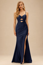 Rutipo Dark Navy Fitted Cut-Out Ruched Corset Slit Prom Dress with Slim Spaghetti Straps