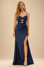 Rutipo Dark Navy Fitted Cut-Out Ruched Corset Slit Prom Dress with Slim Spaghetti Straps