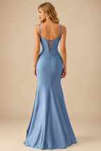 Rutipo Dusty Blue Fitted Cut-Out Ruched Corset Slit Prom Dress with Slim Spaghetti Straps