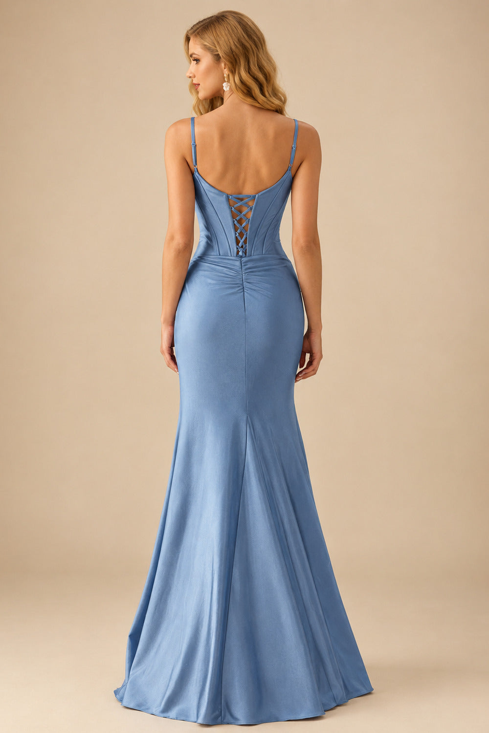 Rutipo Dusty Blue Fitted Cut-Out Ruched Corset Slit Prom Dress with Slim Spaghetti Straps