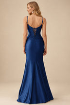 Rutipo Navy Blue Fitted Cut-Out Ruched Corset Slit Prom Dress with Slim Spaghetti Straps