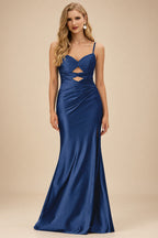 Rutipo Navy Blue Fitted Cut-Out Ruched Corset Slit Prom Dress with Slim Spaghetti Straps