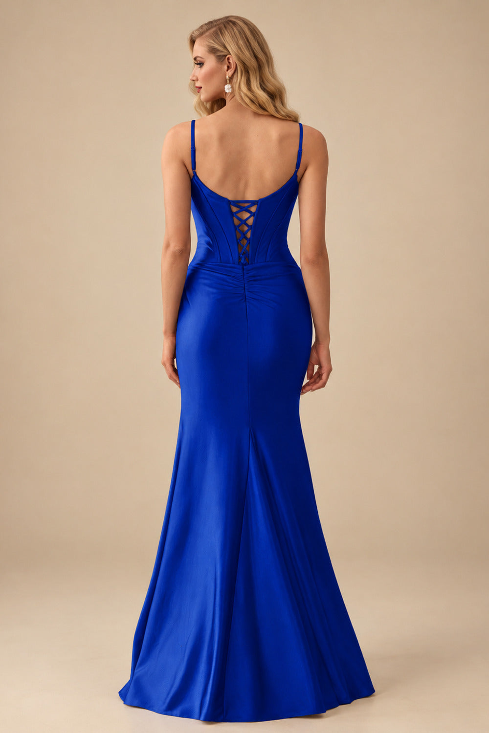 Rutipo Royal Blue Fitted Cut-Out Ruched Corset Slit Prom Dress with Slim Spaghetti Straps