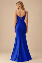 Rutipo Royal Blue Fitted Cut-Out Ruched Corset Slit Prom Dress with Slim Spaghetti Straps