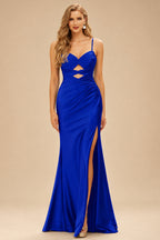 Rutipo Royal Blue Fitted Cut-Out Ruched Corset Slit Prom Dress with Slim Spaghetti Straps