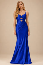 Rutipo Royal Blue Fitted Cut-Out Ruched Corset Slit Prom Dress with Slim Spaghetti Straps