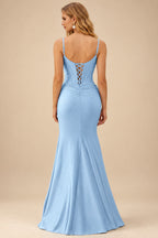 Rutipo Sky Blue Fitted Cut-Out Ruched Corset Slit Prom Dress with Slim Spaghetti Straps