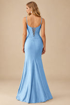 Rutipo Sky Blue Fitted Cut-Out Ruched Corset Slit Prom Dress with Slim Spaghetti Straps