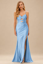 Rutipo Sky Blue Fitted Cut-Out Ruched Corset Slit Prom Dress with Slim Spaghetti Straps