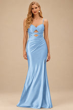 Rutipo Sky Blue Fitted Cut-Out Ruched Corset Slit Prom Dress with Slim Spaghetti Straps