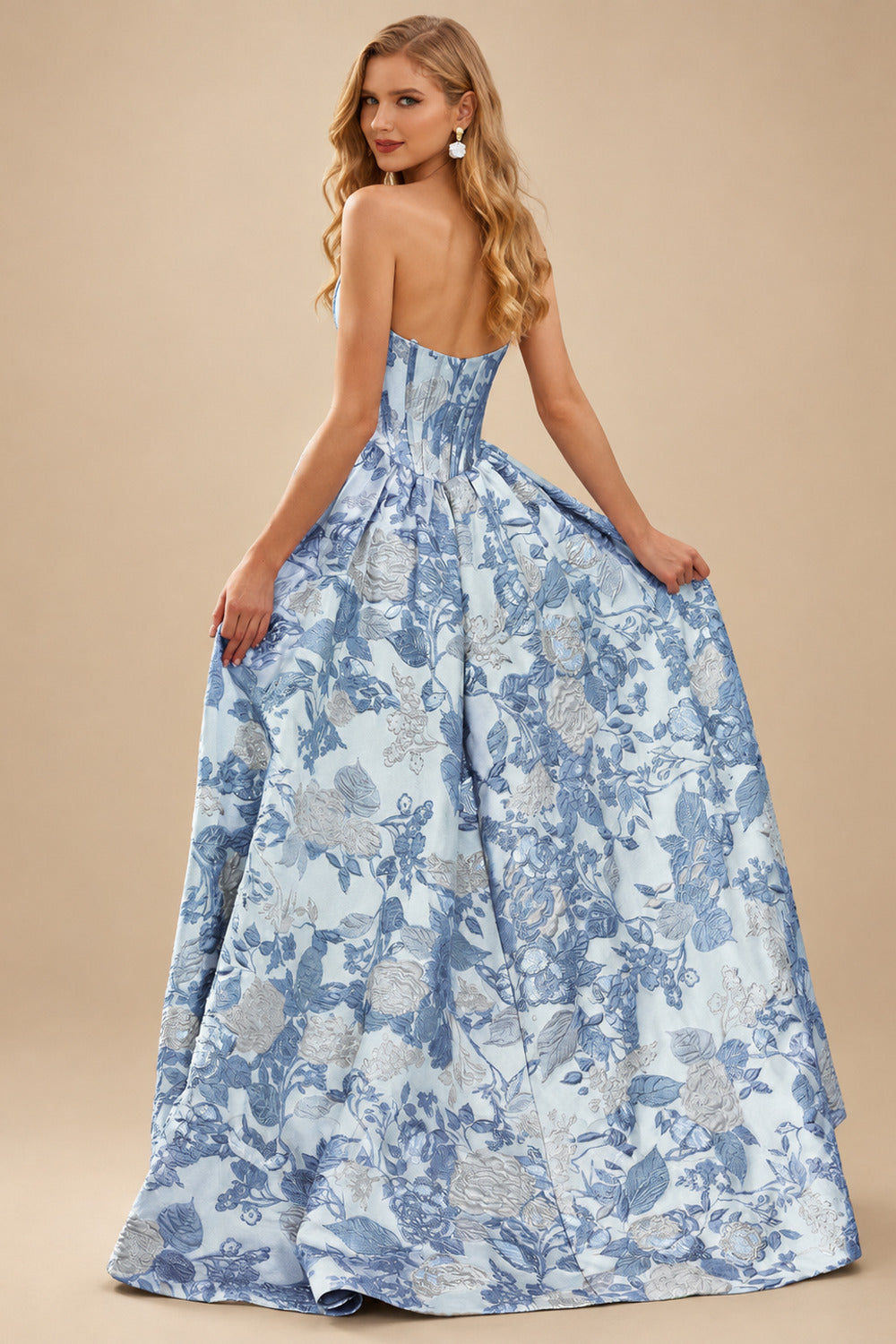 Rutipo Light Blue Floral A-line Strapless Metallic Floral Jacquard Ball Gown Prom Dress with Slit