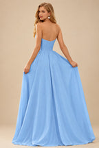 Rutipo Light Blue Floral A-line Strapless Metallic Floral Jacquard Ball Gown Prom Dress with Slit