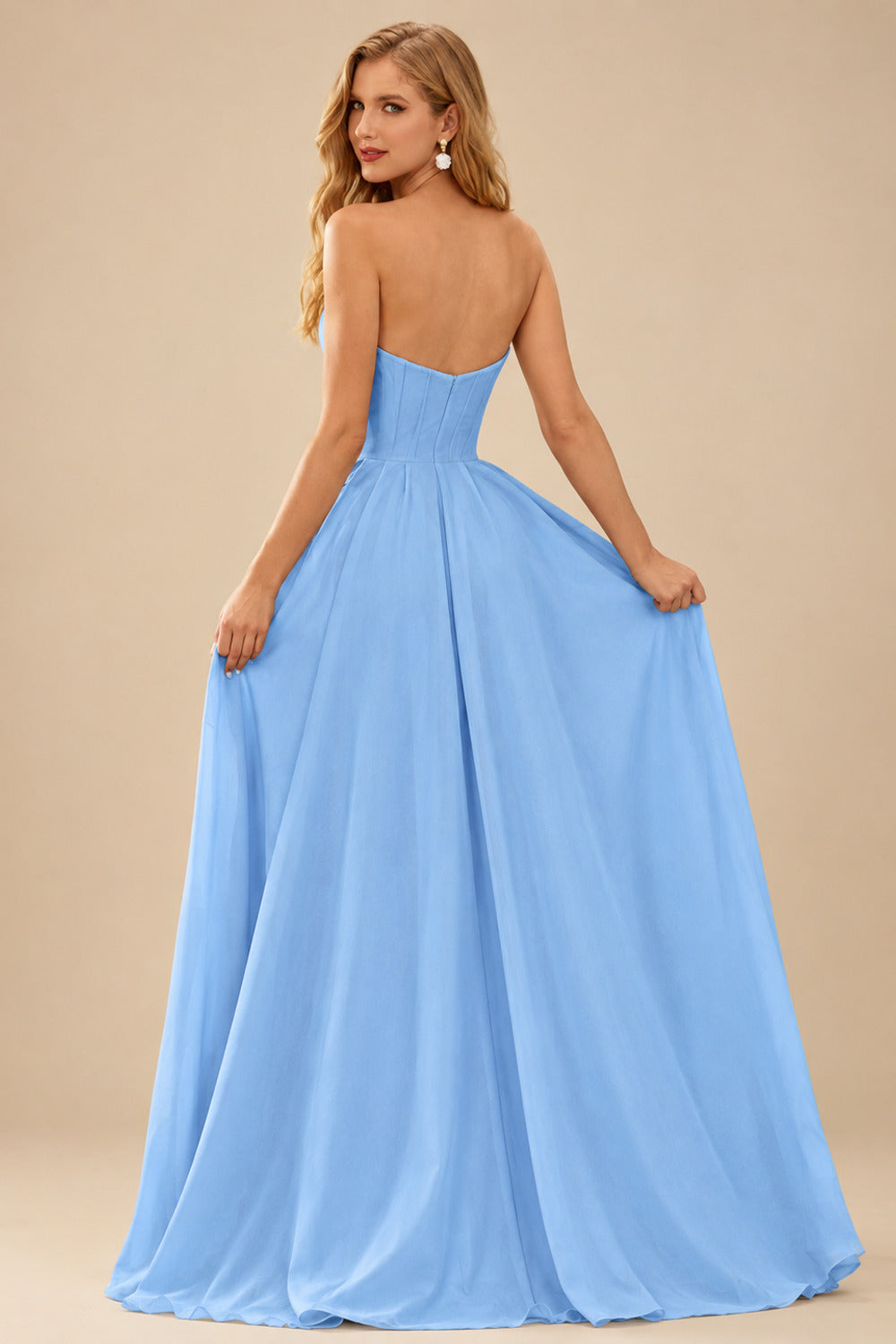 Rutipo Light Blue Floral A-line Strapless Metallic Floral Jacquard Ball Gown Prom Dress with Slit